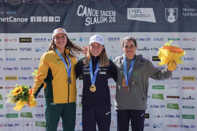 (260530) -- LJUBLJANA, May 30, 2026 -- Gold medalist Eva Alina Hocevar (C) of Slovenia, silver medalist Jessica Fox (L) of Australia and bronze medalist Maialen Chourraut of Spain pose during the awarding ceremony for the women s kayak event at 2026 ICF Canoe Slalom World Cup Tacen in Ljubljana, Slovenia, May 29, 2026. (Photo by Xinhua) (SP)SLOVENIA-LJUBLJANA-CANOE SLALOM-ICF WORLD CUP TACEN-KAYAK ZeljkoxStevanic 