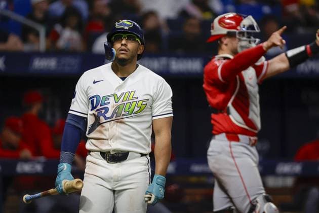 May 29, 2026, St. Petersburg, Florida, USA: Tampa Bay Rays second baseman Richie Palacios (1) strikes out in the fourth inning against the Los Angeles Angels on Friday, May 29, 2026 in St. Petersburg. St. Petersburg USA - ZUMAs70_ 20260529_zan_s70_005 Copyright: xLuisxSantanax