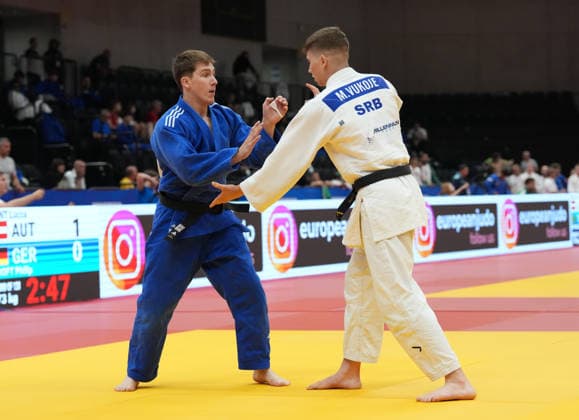 JUDO - EJU Junior European Cup GRAZ,AUSTRIA,30.MAY.26 - JUDO - EJU Junior European Cup. Image shows Christoph Gangl (AUT) vs Marko Vukoje (SRB).  GEPAxpictures xMichaelxRiedler