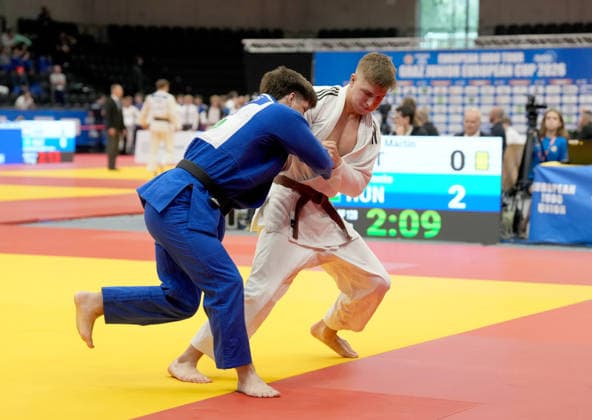 JUDO - EJU Junior European Cup GRAZ,AUSTRIA,30.MAY.26 - JUDO - EJU Junior European Cup. Image shows Martin Mihovilovic (AUT) vs Levente Raffay (HUN).  GEPAxpictures xMichaelxRiedler