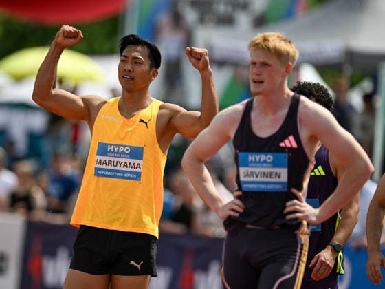 ATHLETICS - Hypomeeting Goetzis 2026 GOETZIS,AUSTRIA,30.MAY.26 - ATHLETICS - World Athletics Combined Events Tour, Hypomeeting, decathlon, 100m. Image shows the rejoicing of Yuma Mauyama (JPN) and Tomas Jaervinen (CZE).  GEPAxpictures xOliverxLerch