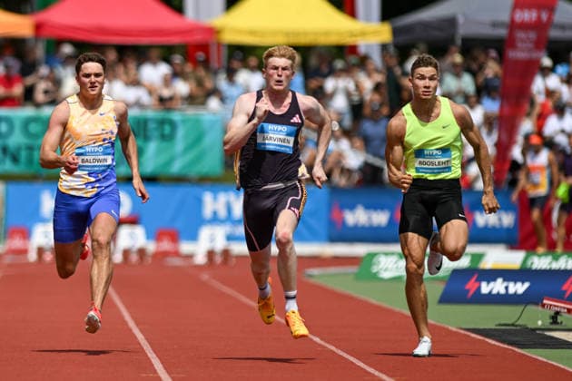 ATHLETICS - Hypomeeting Goetzis 2026 GOETZIS,AUSTRIA,30.MAY.26 - ATHLETICS - World Athletics Combined Events Tour, Hypomeeting, decathlon, 100m. Image shows Heath Baldwin (USA), Tomas Jaervinen (CZE) and Rasmus Roosleht (EST).  GEPAxpictures xOliverxLerch