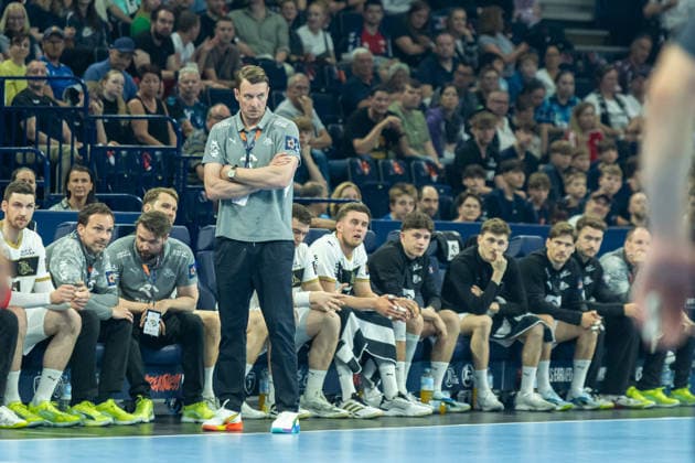 Trainer Filip Jicha THW Kiel looks on during the handball semi final of the Winamax EHF Finals 2026 between Montpellier Handball and THW Kiel at Barclays Arena on May 30, 2026 in Hamburg, Germany