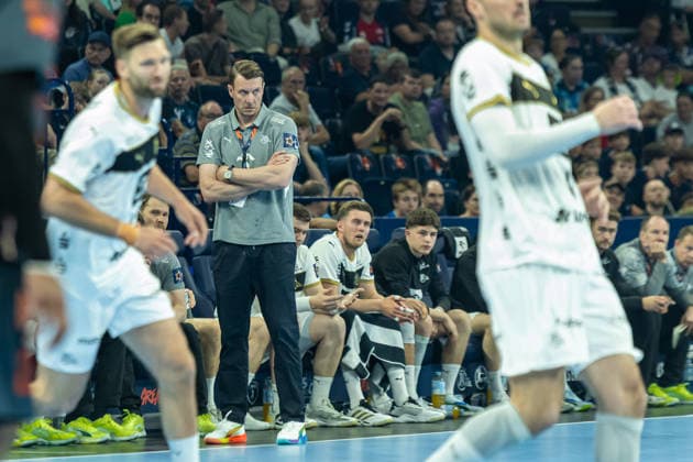Trainer Filip Jicha THW Kiel looks on during the handball semi final of the Winamax EHF Finals 2026 between Montpellier Handball and THW Kiel at Barclays Arena on May 30, 2026 in Hamburg, Germany