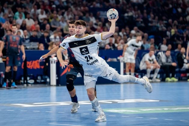 Hamburg 30 05 2026, Handball, Men, EHF European League Men 2025 26, Semi-final, Montpellier Handball THW Kiel Lukas Zerbe THW Kiel, 24 on seven-meter shot
