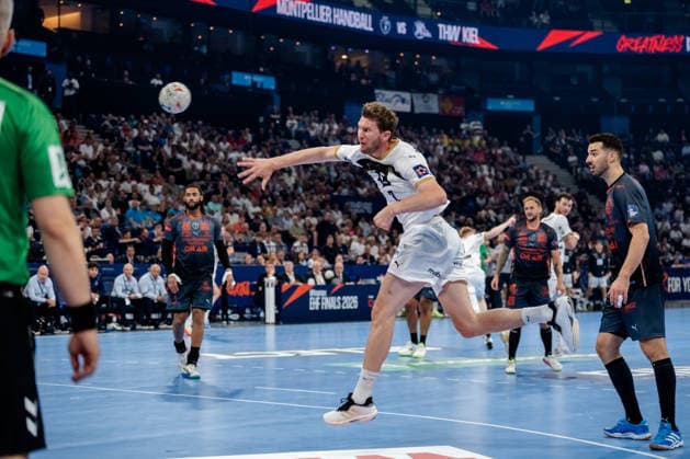 Hamburg 30 05 2026, Handball, Men, EHF European League Men 2025 26, Semi-final, Montpellier Handball THW Kiel Magnus Landin THW Kiel, 7 on goal throw