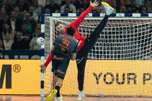 Goalkeeper Andreas Wolff THW Kiel controls the ball during the handball semi final of the Winamax EHF Finals 2026 between Montpellier Handball and THW Kiel at Barclays Arena on May 30, 2026 in Hamburg, Germany