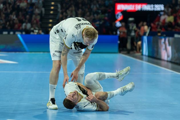 Hendrik Pekeler THW Kiel on the ground during the handball semi final of the Winamax EHF Finals 2026 between Montpellier Handball and THW Kiel at Barclays Arena on May 30, 2026 in Hamburg, Germany