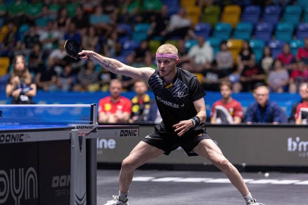 Romain Ruiz FRA, TTC Schwalbe Bergneustadt in action during the semifinal matches Borussia Düsseldorf TTC Schwalbe of the Liebherr TTBL Final4 at the Süwag Energie ARENA on May 30, 2026, in Frankfurt, Germany Copyright: JoaquimxFerreira