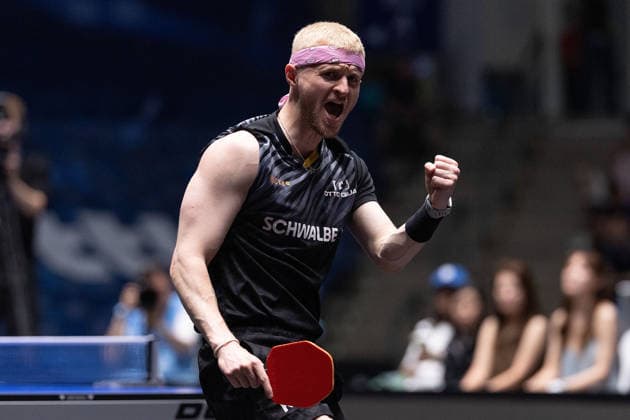 Romain Ruiz FRA, TTC Schwalbe Bergneustadt celebrates, in action during the semifinal matches Borussia Düsseldorf TTC Schwalbe of the Liebherr TTBL Final4 at the Süwag Energie ARENA on May 30, 2026, in Frankfurt, Germany Copyright: JoaquimxFerreira