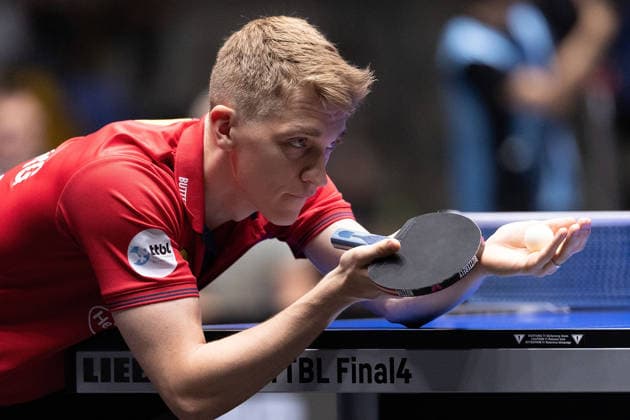 Anton Kaellberg SWE, Borussia Duesseldorf serve during the semifinal matches Borussia Düsseldorf TTC Schwalbe of the Liebherr TTBL Final4 at the Süwag Energie ARENA on May 30, 2026, in Frankfurt, Germany Copyright: JoaquimxFerreira