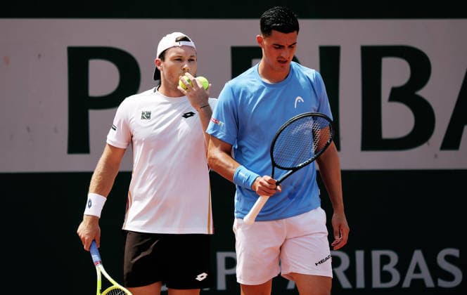 TENNIS - French Open 2026 PARIS,FRANCE,30.MAY.26 - TENNIS - ATP, Tennis Herren World Tour, French Open, Roland Garros, Grand Slam. Image shows Lucas Miedler (AUT) and Alexander Erler (AUT).  GEPAxpictures xMatthiasxHauer