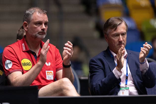 Trainer Danny Heister NED, Borussia Duesseldorf and Manager Andreas Preuss during the semifinal matches Borussia Düsseldorf TTC Schwalbe of the Liebherr TTBL Final4 at the Süwag Energie ARENA on May 30, 2026, in Frankfurt, Germany Copyright: JoaquimxFerreira