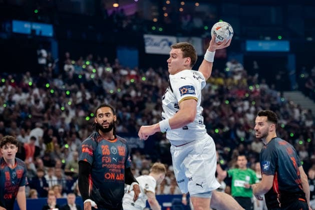 Hamburg 30 05 2026, Handball, Men, EHF European League Men 2025 26, Semi-final, Montpellier Handball THW Kiel Lukas Laube THW Kiel, 20 on goal throw