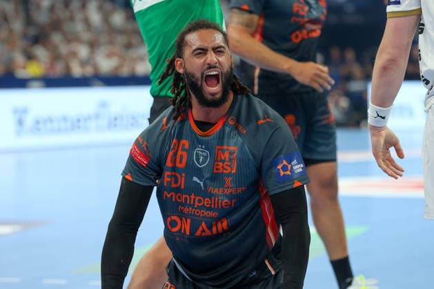 30 05 2026 ,xgox, Handball EHF European League semi-final Montpellier Handball THW Kiel emspor, v l Hugo Bryan Monte Dos Santos Montepellier, 26 jubilation, goal celebration, jubelt über das Tor, celebrate the goal, celebration Hamburg