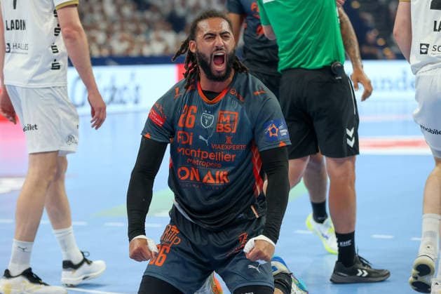 30 05 2026 ,xgox, Handball EHF European League semi-final Montpellier Handball THW Kiel emspor, v l Hugo Bryan Monte Dos Santos Montepellier, 26 jubilation, goal celebration, jubelt über das Tor, celebrate the goal, celebration Hamburg