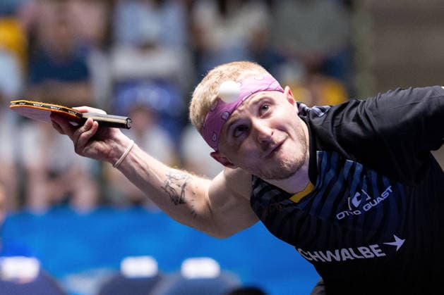 Romain Ruiz FRA, TTC Schwalbe Bergneustadt serve during the semifinal matches Borussia Düsseldorf TTC Schwalbe of the Liebherr TTBL Final4 at the Süwag Energie ARENA on May 30, 2026, in Frankfurt, Germany Copyright: JoaquimxFerreira