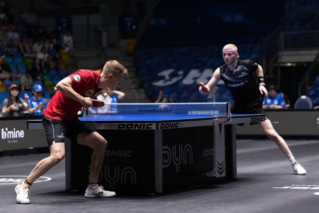 Anton Kaellberg SWE, Borussia Duesseldorf , Romain Ruiz FRA, TTC Schwalbe Bergneustadt during the semifinal matches Borussia Düsseldorf TTC Schwalbe of the Liebherr TTBL Final4 at the Süwag Energie ARENA on May 30, 2026, in Frankfurt, Germany Copyright: JoaquimxFerreira