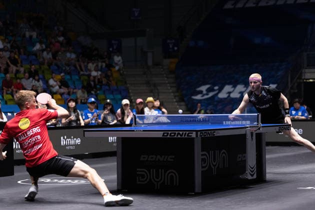 Anton Kaellberg SWE, Borussia Duesseldorf , Romain Ruiz FRA, TTC Schwalbe Bergneustadt during the semifinal matches Borussia Düsseldorf TTC Schwalbe of the Liebherr TTBL Final4 at the Süwag Energie ARENA on May 30, 2026, in Frankfurt, Germany Copyright: JoaquimxFerreira