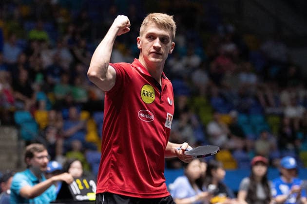 Anton Kaellberg SWE, Borussia Duesseldorf celebrates the victory over Romain Ruiz FRA, TTC Schwalbe Bergneustadt with a triumphant fist pump during the semifinal matches Borussia Düsseldorf TTC Schwalbe of the Liebherr TTBL Final4 at the Süwag Energie ARENA on May 30, 2026, in Frankfurt, Germany Copyright: JoaquimxFerreira