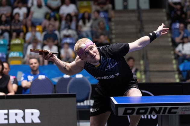 Romain Ruiz FRA, TTC Schwalbe Bergneustadt serve during the semifinal matches Borussia Düsseldorf TTC Schwalbe of the Liebherr TTBL Final4 at the Süwag Energie ARENA on May 30, 2026, in Frankfurt, Germany Copyright: JoaquimxFerreira