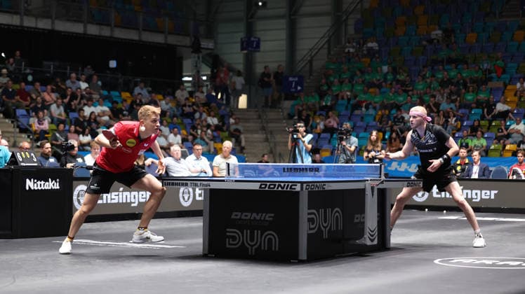 30 05 2026, xrekx, Table Tennis TTBL Final 4, Borussia Düsseldorf TTC Schwalbe Bergneustadt v l Anton Källberg Kaellberg Borussia Duesseldorf Romain Ruiz TTC Schwalbe Bergneustadt DFL DFB REGULATIONS PROHIBIT ANY USE OF PHOTOGRAPHS as IMAGE SEQUENCES and or QUASI VIDEO Frankfurt am Main