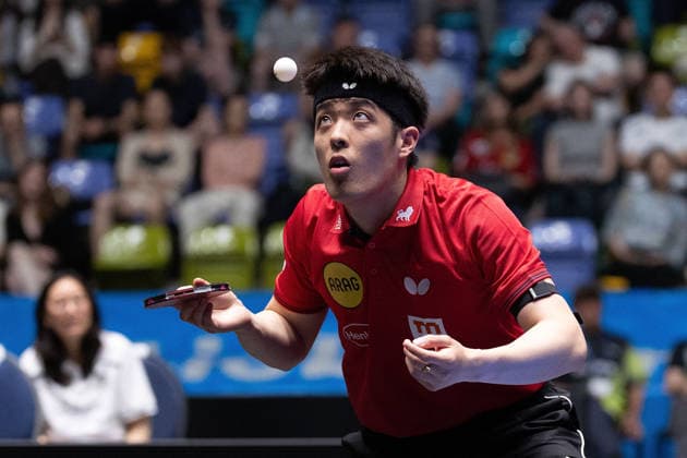 Dang Qiu GER, Borussia Duesseldorf serve during the semifinal matches Borussia Düsseldorf TTC Schwalbe of the Liebherr TTBL Final4 at the Süwag Energie ARENA on May 30, 2026, in Frankfurt, Germany Copyright: JoaquimxFerreira
