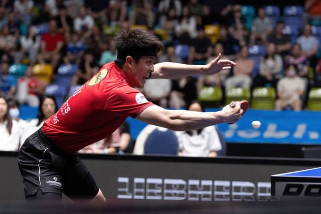 Dang Qiu GER, Borussia Duesseldorf in action during the semifinal matches Borussia Düsseldorf TTC Schwalbe of the Liebherr TTBL Final4 at the Süwag Energie ARENA on May 30, 2026, in Frankfurt, Germany Copyright: JoaquimxFerreira
