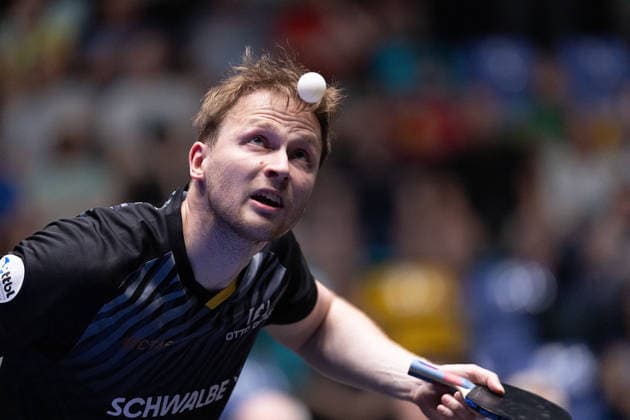 Benedikt Duda GER, TTC Schwalbe Bergneustadt serve during the semifinal matches Borussia Düsseldorf TTC Schwalbe of the Liebherr TTBL Final4 at the Süwag Energie ARENA on May 30, 2026, in Frankfurt, Germany Copyright: JoaquimxFerreira