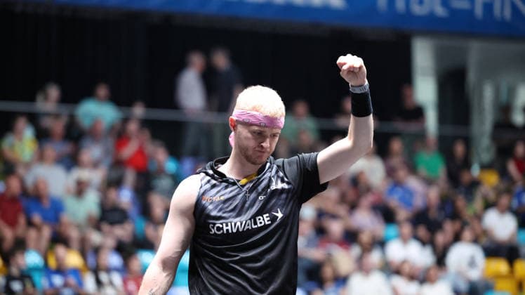 30 05 2026, xrekx, Tischtennis TTBL Final 4, Borussia Düsseldorf TTC Schwalbe Bergneustadt v l Romain Ruiz TTC Schwalbe Bergneustadt Jubel DFL DFB REGULATIONS PROHIBIT ANY USE OF PHOTOGRAPHS as IMAGE SEQUENCES and or QUASI VIDEO Frankfurt am Main