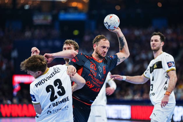 Rune Dahmke THW Kiel, 23 , Valentin Porte Montpellier Handball, 28 , Magnus Landin THW Kiel, 07 GER, Montpellier Handball vs THW Kiel, handball, EHF European League, semi-final, 2025 2026 season, 30 05 2026 GER, Montpellier Handball vs THW Kiel, handball, EHF European League, semi-final, 2025 2026 season, 30 05 2026 Hamburg Copyright: xEibner-Pressefoto MarcelxvonxFehrnx EP_MFN