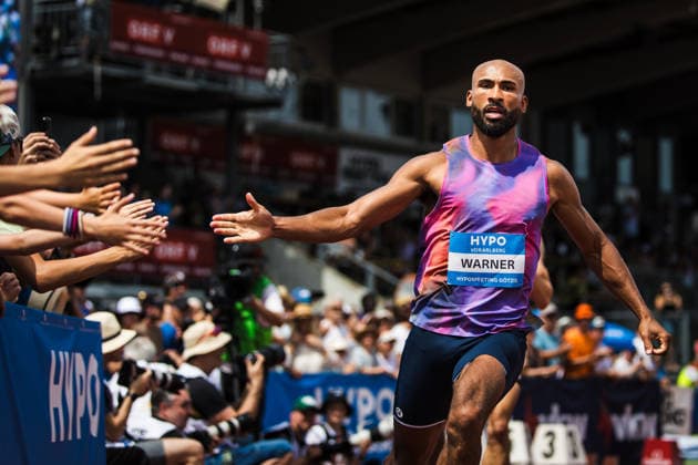 51 Hypomeeting, Goetzis AT , 30 05 2026 GOETZIS, SWITZERLAND MAY 30 Damian WARNER of Canada reacts after the 100 m of the mens decathlon at the 51 Hypomeeting, Goetzis AT on May 30, 2026 in Goetzis, Switzerland Copyright: xBEAUTIFULxSPORTS UlfxSchillerx