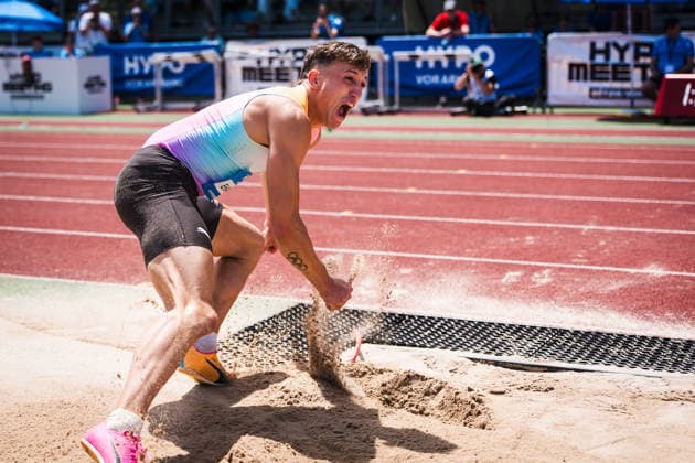 51 Hypomeeting, Goetzis AT , 30 05 2026 GOETZIS, SWITZERLAND MAY 30 Simon EHAMMER of Switzerland reacts to his world record in the long jump for decathletes at the 51 Hypomeeting, Goetzis AT on May 30, 2026 in Goetzis, Switzerland Copyright: xBEAUTIFULxSPORTS UlfxSchillerx