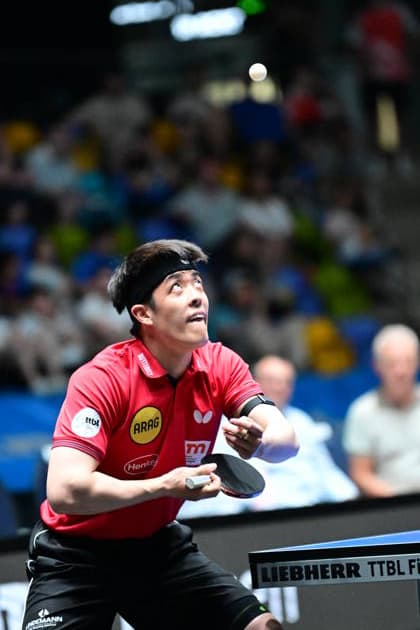 Dang Qiu in the semi-finals of the TTBL Final Four in Frankfurt German international Dang Qiu of Borussia Düsseldorf in action against TTC Schwalbe Bergneustadt in the semi-finals of the TTBL Final Four in Frankfurt am Main at the Süwag Energie Arena on May 30, 2026 Frankfurt am Main Hessen Germany