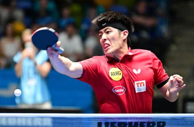 Dang Qiu in the semi-finals of the TTBL Final Four in Frankfurt German international Dang Qiu of Borussia Düsseldorf in action against TTC Schwalbe Bergneustadt in the semi-finals of the TTBL Final Four in Frankfurt am Main at the Süwag Energie Arena on May 30, 2026 Frankfurt am Main Hessen Germany