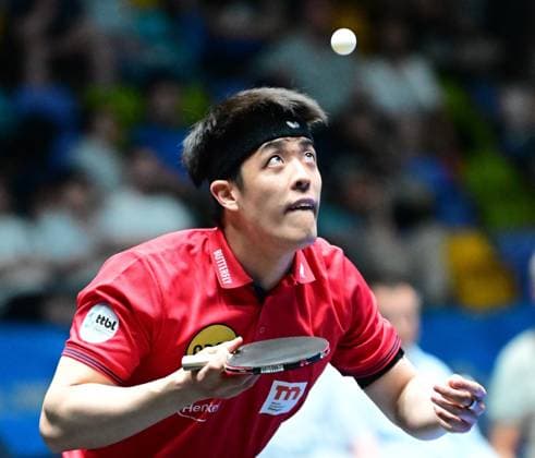 Dang Qiu in the semi-finals of the TTBL Final Four in Frankfurt German international Dang Qiu of Borussia Düsseldorf in action against TTC Schwalbe Bergneustadt in the semi-finals of the TTBL Final Four in Frankfurt am Main at the Süwag Energie Arena on May 30, 2026 Frankfurt am Main Hessen Germany