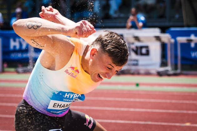 51 Hypomeeting, Goetzis AT , 30 05 2026 GOETZIS, SWITZERLAND MAY 30 Simon EHAMMER of Switzerland reacts to his world record in the long jump for decathletes at the 51 Hypomeeting, Goetzis AT on May 30, 2026 in Goetzis, Switzerland Copyright: xBEAUTIFULxSPORTS UlfxSchillerx