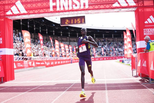 STOCKHOLM, SWEDEN 20260530 Luke Kiprop from Kenya crosses the finish line in second place during the Stockholm marathon on Saturday STOCKHOLM SWEDEN x10500x  Copyright: xMagnusxLejhall TTx STOCKHOLM MARATHON 2026