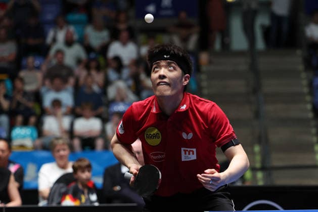 Dang Qiu GER, Borussia Duesseldorf serve during the semifinal matches Borussia Düsseldorf TTC Schwalbe of the Liebherr TTBL Final4 at the Süwag Energie ARENA on May 30, 2026, in Frankfurt, Germany Copyright: JoaquimxFerreira
