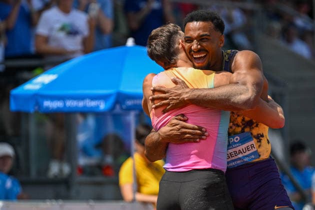 ATHLETICS - Hypomeeting Goetzis 2026 gOETZIS,AUSTRIA,30.MAY.26 - ATHLETICS - World Athletics Combined Events Tour, Hypomeeting, decathlon, long jumpg. Image shows the rejoicing of Simon Ehammer (SUI) and Leo Neugebauer (GER). Keywords: world record.  GEPAxpictures xOliverxLerch