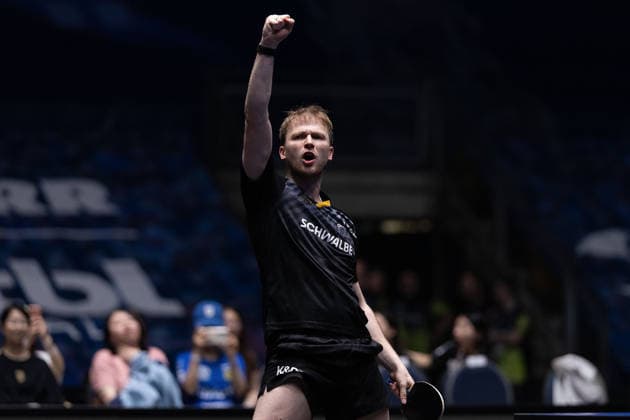Benedikt Duda GER, TTC Schwalbe Bergneustadt in action, celebrates his victory over Dang Qiu GER, Borussia Duesseldorf during the semifinal matches Borussia Düsseldorf TTC Schwalbe of the Liebherr TTBL Final4 at the Süwag Energie ARENA on May 30, 2026, in Frankfurt, Germany Copyright: JoaquimxFerreira