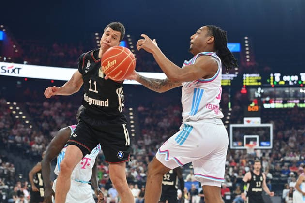 VLADIMIR LUCIC FCB , Action,duel against Jalen FINCH Bonn , Basketball BBL,Season 2025 2026 ,1 Play Off Semifinal FC Bayern Muenchen Telekom Baskets Bonn on 30 05 2025, S A P G A R D EN
