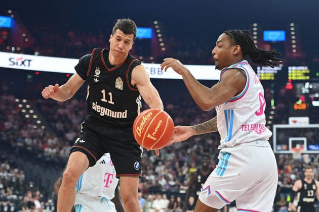 VLADIMIR LUCIC FCB , Action,duel against Jalen FINCH Bonn , Basketball BBL,Season 2025 2026 ,1 Play Off Semifinal FC Bayern Muenchen Telekom Baskets Bonn on 30 05 2025, S A P G A R D EN