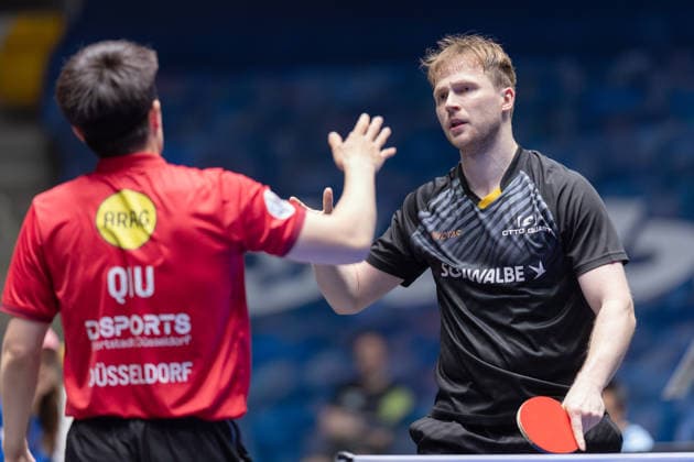 Borussia Düsseldorf and TTC Schwalbe Bergneustadt, Liebherr TTBL Semi-Final 2026 Dang Qiu Borussia Düsseldorf congratulates Benedikt Duda TTC Schwalbe Bergneustadt on their 3 2 victory Liebherr TTBL Final4 2026, first semi-final between Borussia Düsseldorf and TTC Schwalbe Bergneustadt on May 30, 2026 at the Süwag Energie ARENA in Frankfurt am Main , Frankfurt am Main Hessen Germany Süwag Energie ARENA
