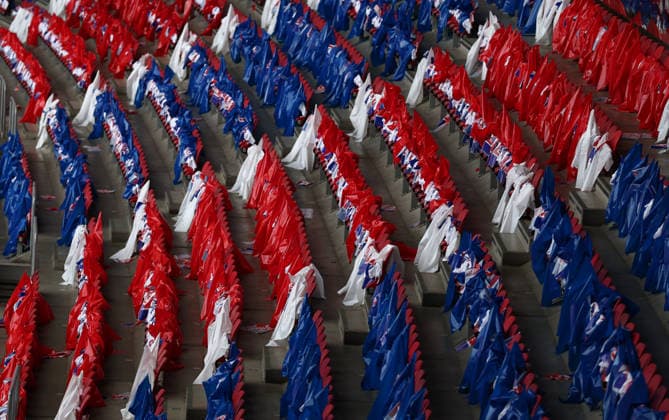 Budapest, Hungary, 30th May 2026. Flags left on fans seats before the Paris Saint Germain vs Arsenal UEFA Champions League Final match at Puskas Arena, Budapest. Picture credit should read: David Klein Sportimage EDITORIAL USE ONLY. No use with unauthorised audio, video, data, fixture lists, club league logos or live services. Online in-match use limited to 120 images, no video emulation. No use in betting, games or single club league player publications. SPI_011_DK_PSG_Arsenal SPI-4828-0011