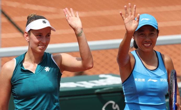Belgian Elise Mertens and Chinese Zhang Shuai celebrate after winning a doubles tennis match between Argentinian-German pair Fossa Huergo-Korpatsch and Belgian-Chinese pair Zhang-Mertens, in the second round of the women s doubles at the Roland Garros French Open tennis tournament, in Paris, France, Saturday 30 May 2026. This year s tournament takes place from 18 May to 07 June. Mertens-Shuai won 6-1, 6-1. VIRGINIExLEFOUR  x175460043x