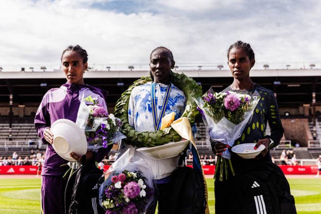 260530 Rebeca Chesir, Kenya, Sintayehu Lewetegn Ethiopia, and Jakob KlasÃ n Hiwot Mehari, Ethiopia, during the award ceremony after the Stockholm Marathon on May 30, 2026 in Stockholm  Copyright: KENTAxJÖNSSON BB260530KJ033