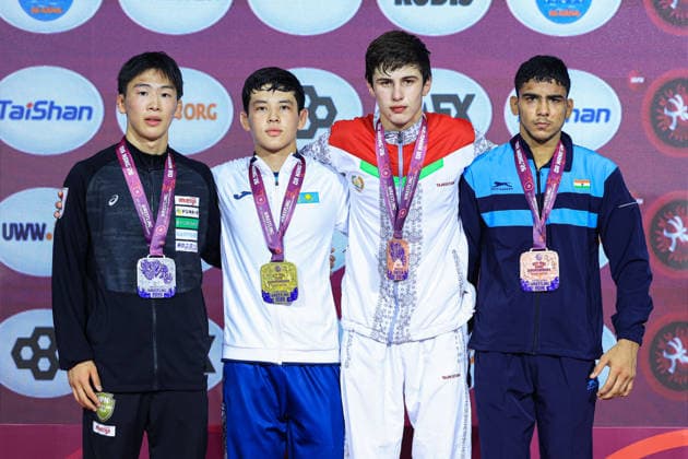 U17 Wrestling Asian Championships Podium 71kg FS Gold Adilet Rysbay KAZ , Silver Towa Doi JPN , Bronze Anuj Anuj IND , Idris Shodievich Bakhromov TJK Copyright: xAmirrezaxAliasgarix xUnitedxWorlx Kadir Caliskan United World Wr