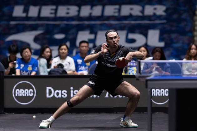Leo de Nodrest FRA, TTC Schwalbe Bergneustadt in action during the semifinal matches Borussia Düsseldorf TTC Schwalbe of the Liebherr TTBL Final4 at the Süwag Energie ARENA on May 30, 2026, in Frankfurt, Germany Copyright: JoaquimxFerreira