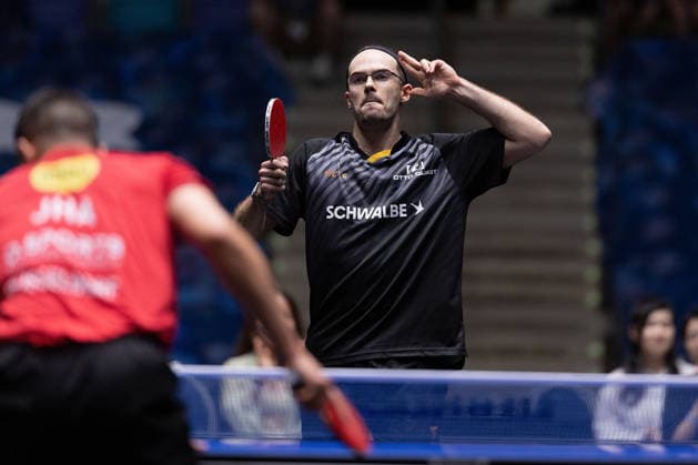 Leo de Nodrest FRA, TTC Schwalbe Bergneustadt celebrates his victory over Kanak Jha GER,USA Borussia Duesseldorf during the semifinal matches Borussia Düsseldorf TTC Schwalbe of the Liebherr TTBL Final4 at the Süwag Energie ARENA on May 30, 2026, in Frankfurt, Germany Copyright: JoaquimxFerreira